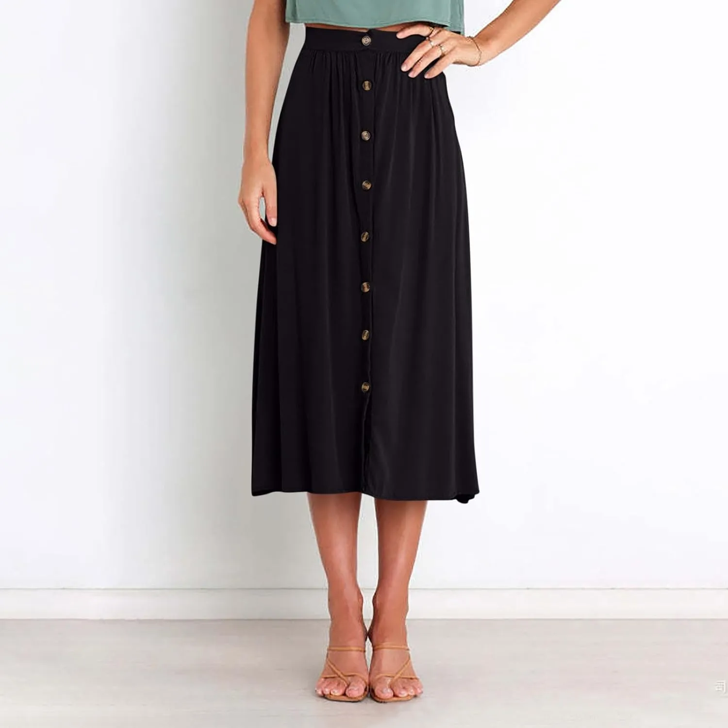 Long Skirts for Women Button Down Elastic High Waist A Line Casual Flowy Tiered Skirt Summer Beach Vacation Skirts