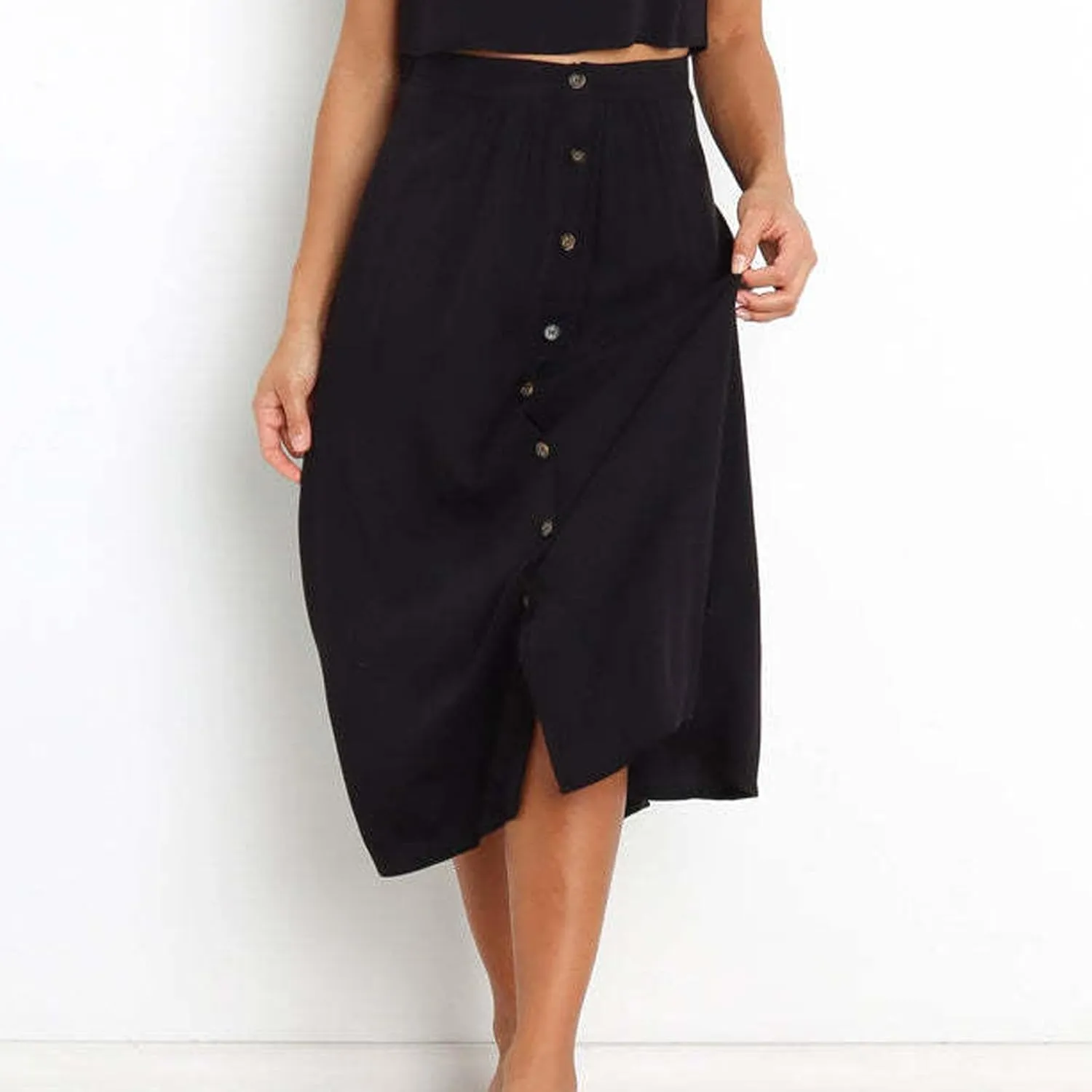 Long Skirts for Women Button Down Elastic High Waist A Line Casual Flowy Tiered Skirt Summer Beach Vacation Skirts