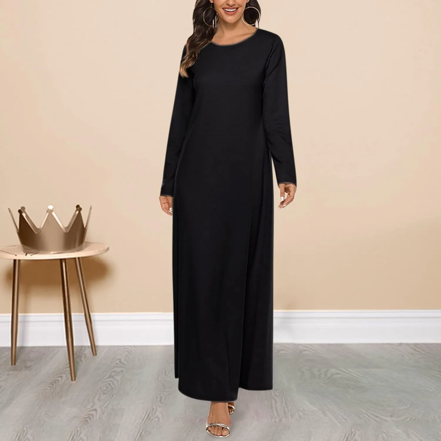 Long Womens Under Dress Dress Islamic Dress Sleeve Solid Abaya Muslim Casual Women's Long Dresses for Women