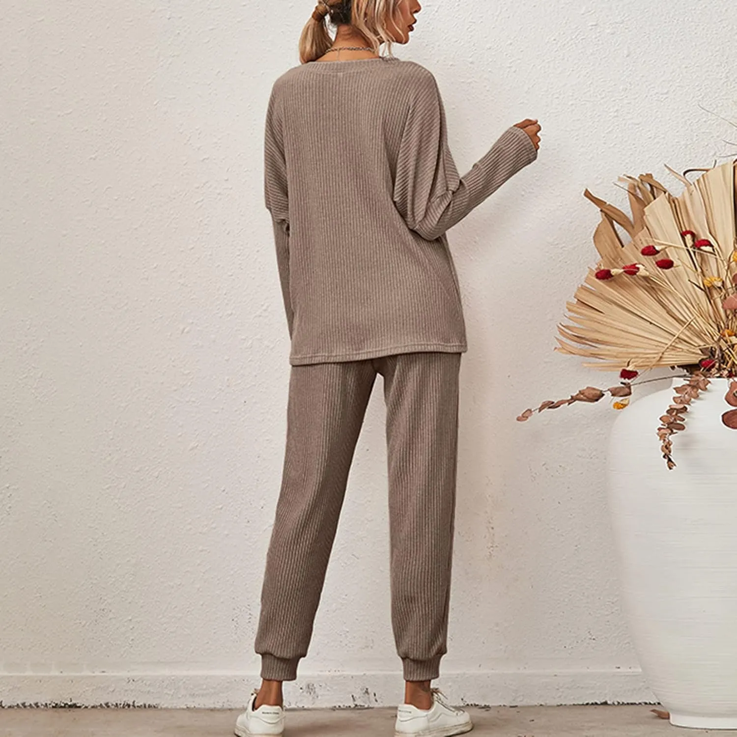 Lu's Chic Women's Cotton Pajamas 2 Piece Cozy Knit Jogger Set Oversized Batwing Long Sleeve Tops Pants Loungewear