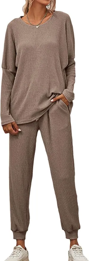 Lu's Chic Women's Cotton Pajamas 2 Piece Cozy Knit Jogger Set Oversized Batwing Long Sleeve Tops Pants Loungewear