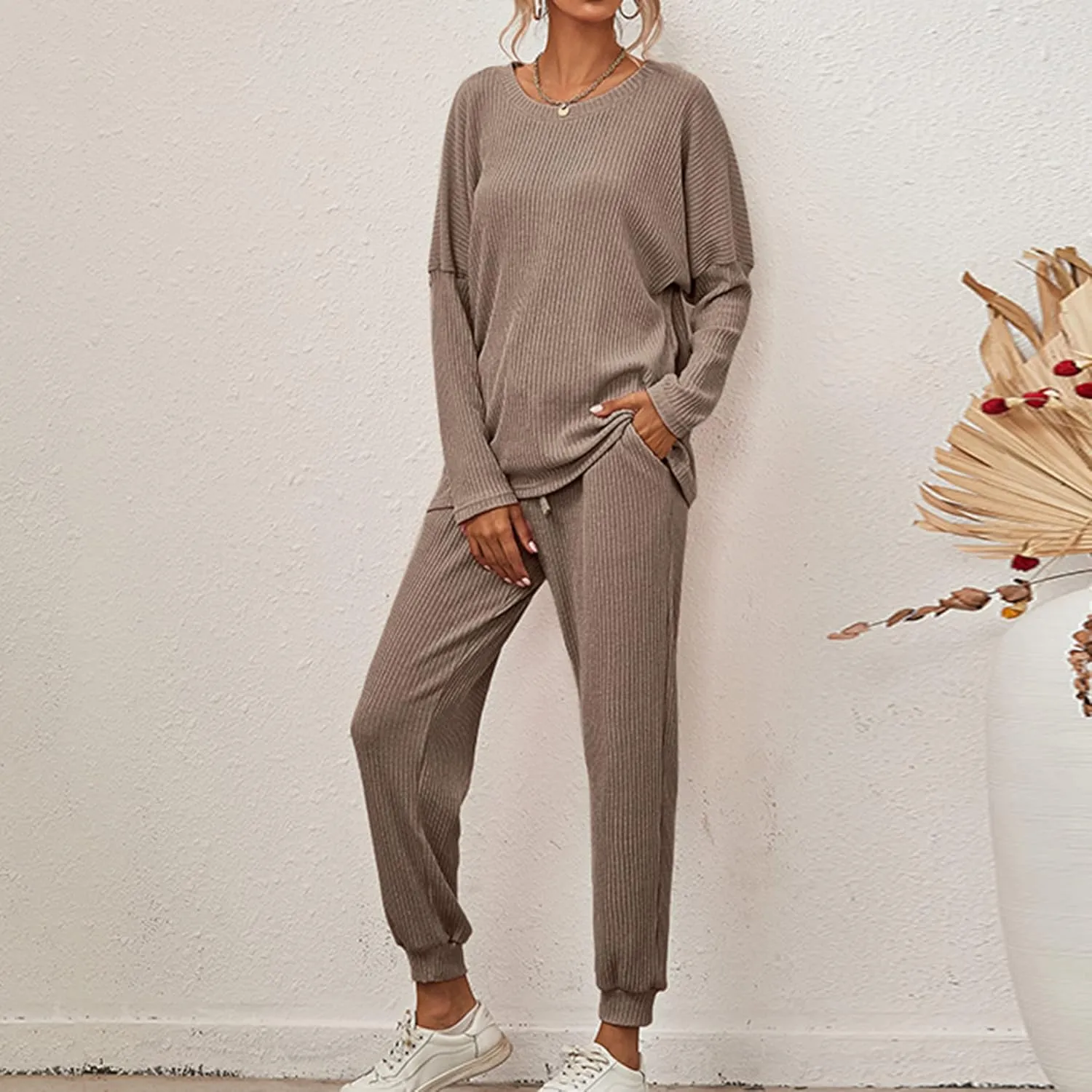 Lu's Chic Women's Cotton Pajamas 2 Piece Cozy Knit Jogger Set Oversized Batwing Long Sleeve Tops Pants Loungewear