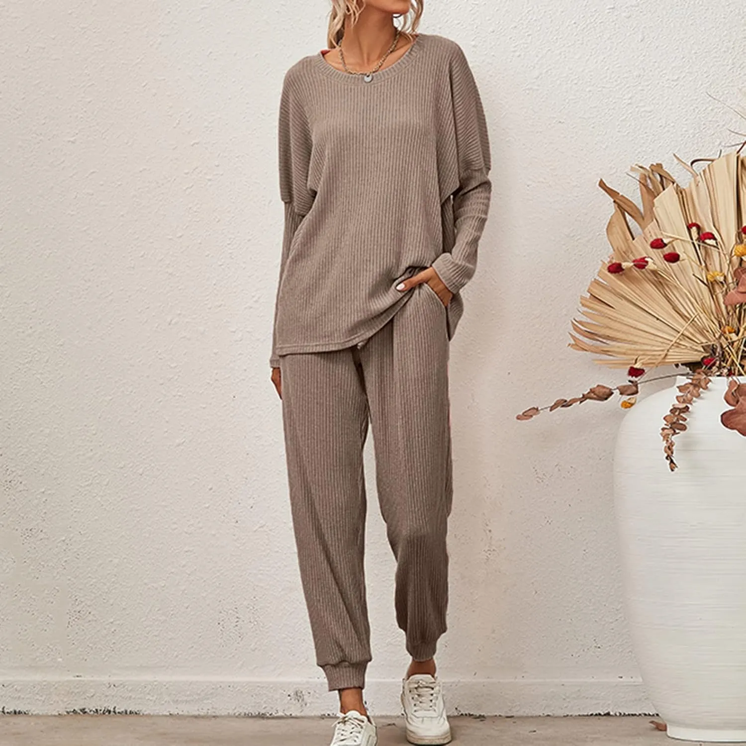 Lu's Chic Women's Cotton Pajamas 2 Piece Cozy Knit Jogger Set Oversized Batwing Long Sleeve Tops Pants Loungewear