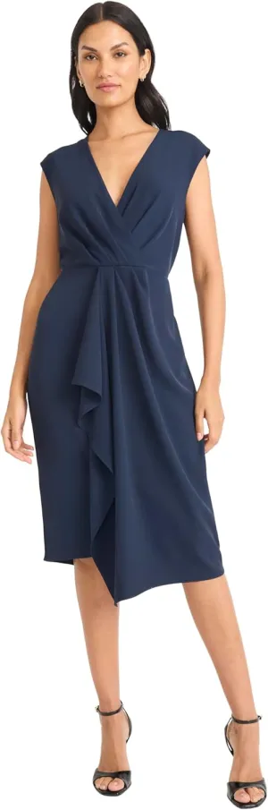 Maggy London Women's Sleeveless Wrap Midi with Pleated Waist Detail-Cascading Draped Panel-Elegant Wedding Guest Dress