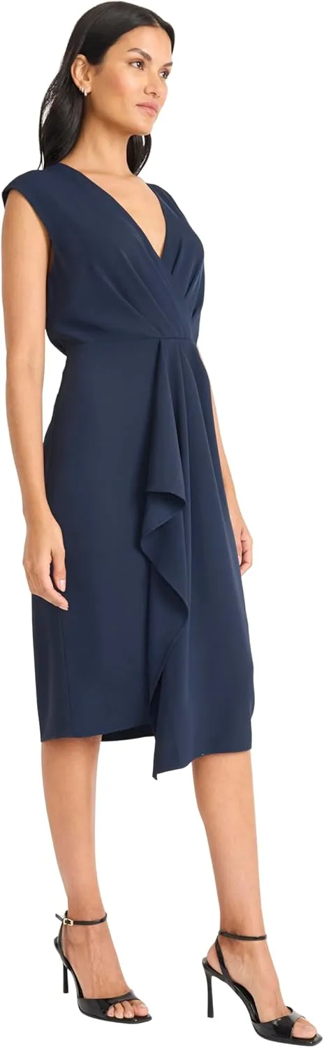 Maggy London Women's Sleeveless Wrap Midi with Pleated Waist Detail-Cascading Draped Panel-Elegant Wedding Guest Dress