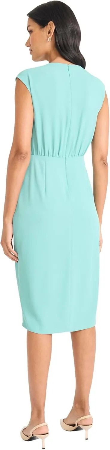 Maggy London Women's Sleeveless Wrap Midi with Pleated Waist Detail-Cascading Draped Panel-Elegant Wedding Guest Dress