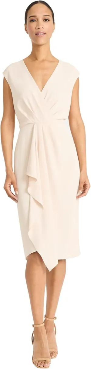 Maggy London Women's Sleeveless Wrap Midi with Pleated Waist Detail-Cascading Draped Panel-Elegant Wedding Guest Dress