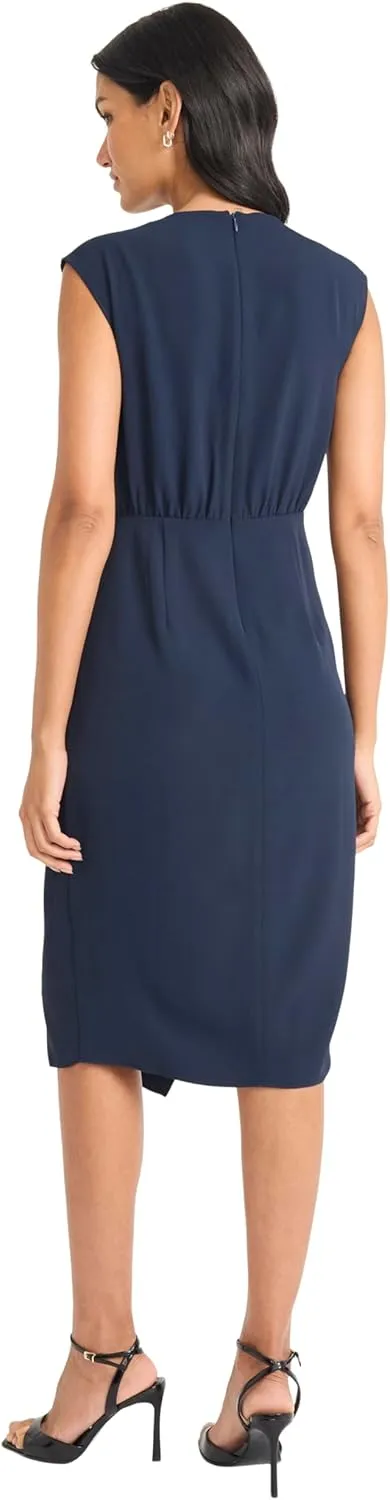 Maggy London Women's Sleeveless Wrap Midi with Pleated Waist Detail-Cascading Draped Panel-Elegant Wedding Guest Dress