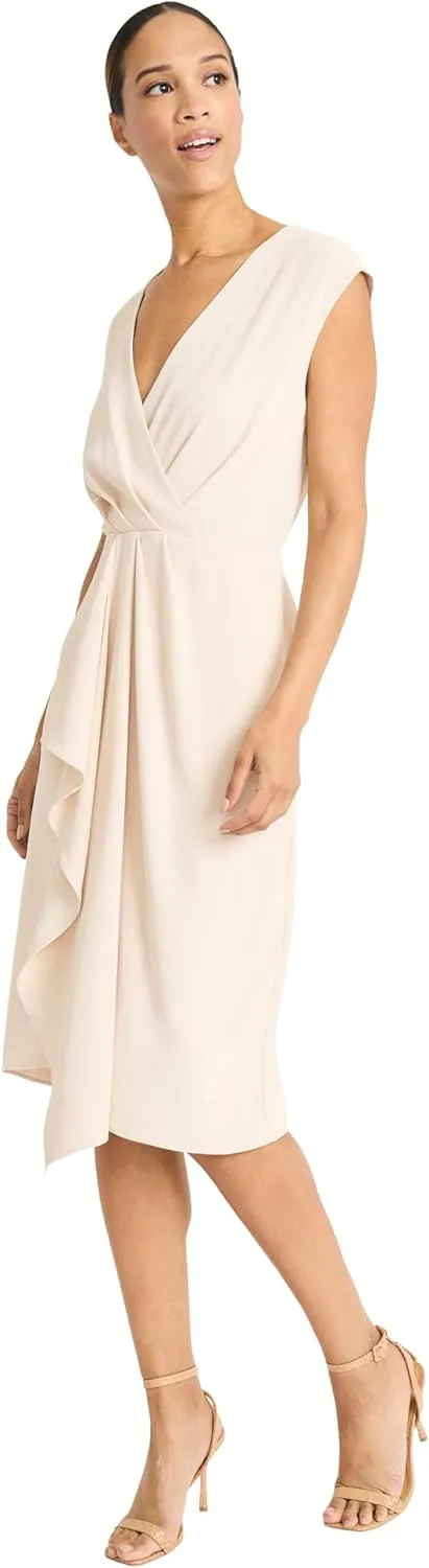 Maggy London Women's Sleeveless Wrap Midi with Pleated Waist Detail-Cascading Draped Panel-Elegant Wedding Guest Dress
