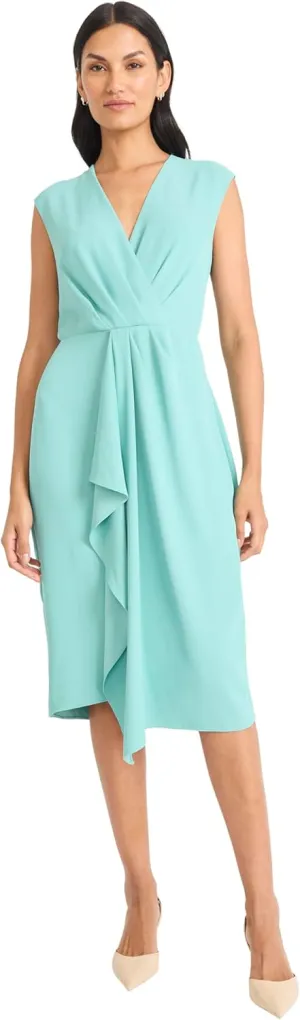 Maggy London Women's Sleeveless Wrap Midi with Pleated Waist Detail-Cascading Draped Panel-Elegant Wedding Guest Dress