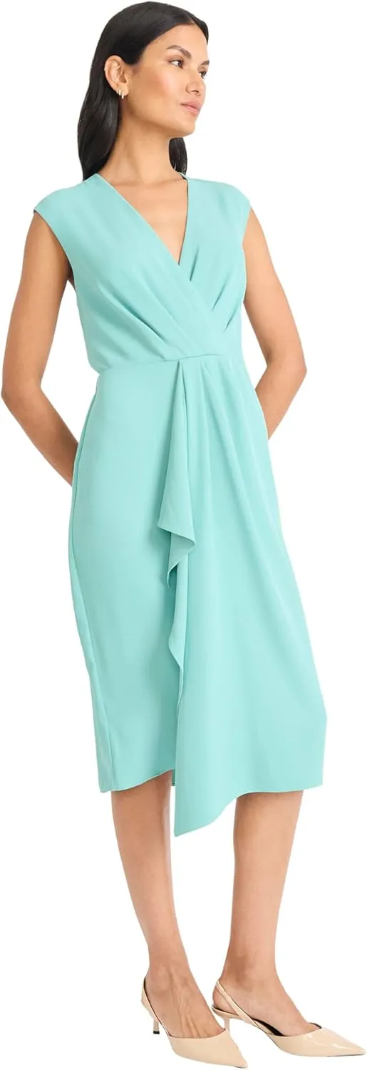 Maggy London Women's Sleeveless Wrap Midi with Pleated Waist Detail-Cascading Draped Panel-Elegant Wedding Guest Dress
