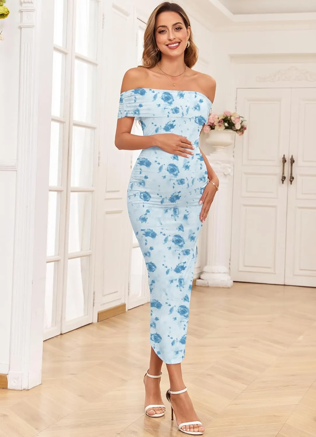 Maternity Mesh Split Dress Off The Shoulder Ruched Bodycon Pregnancy Dresses Baby Shower Photoshoot, Without Belt