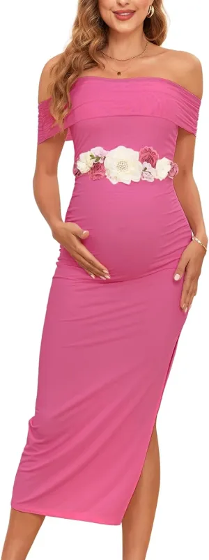 Maternity Mesh Split Dress Off The Shoulder Ruched Bodycon Pregnancy Dresses Baby Shower Photoshoot, Without Belt