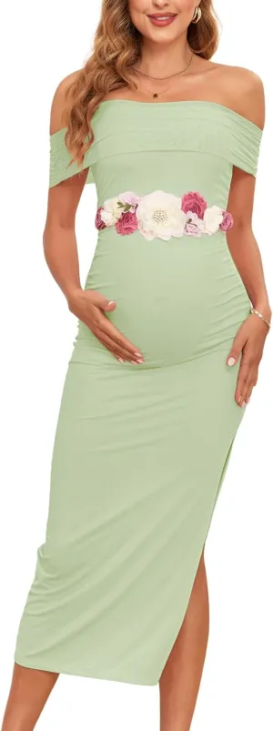 Maternity Mesh Split Dress Off The Shoulder Ruched Bodycon Pregnancy Dresses Baby Shower Photoshoot, Without Belt