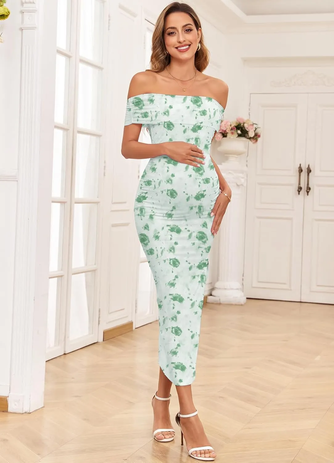 Maternity Mesh Split Dress Off The Shoulder Ruched Bodycon Pregnancy Dresses Baby Shower Photoshoot, Without Belt