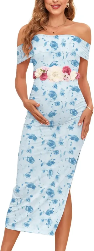 Maternity Mesh Split Dress Off The Shoulder Ruched Bodycon Pregnancy Dresses Baby Shower Photoshoot, Without Belt