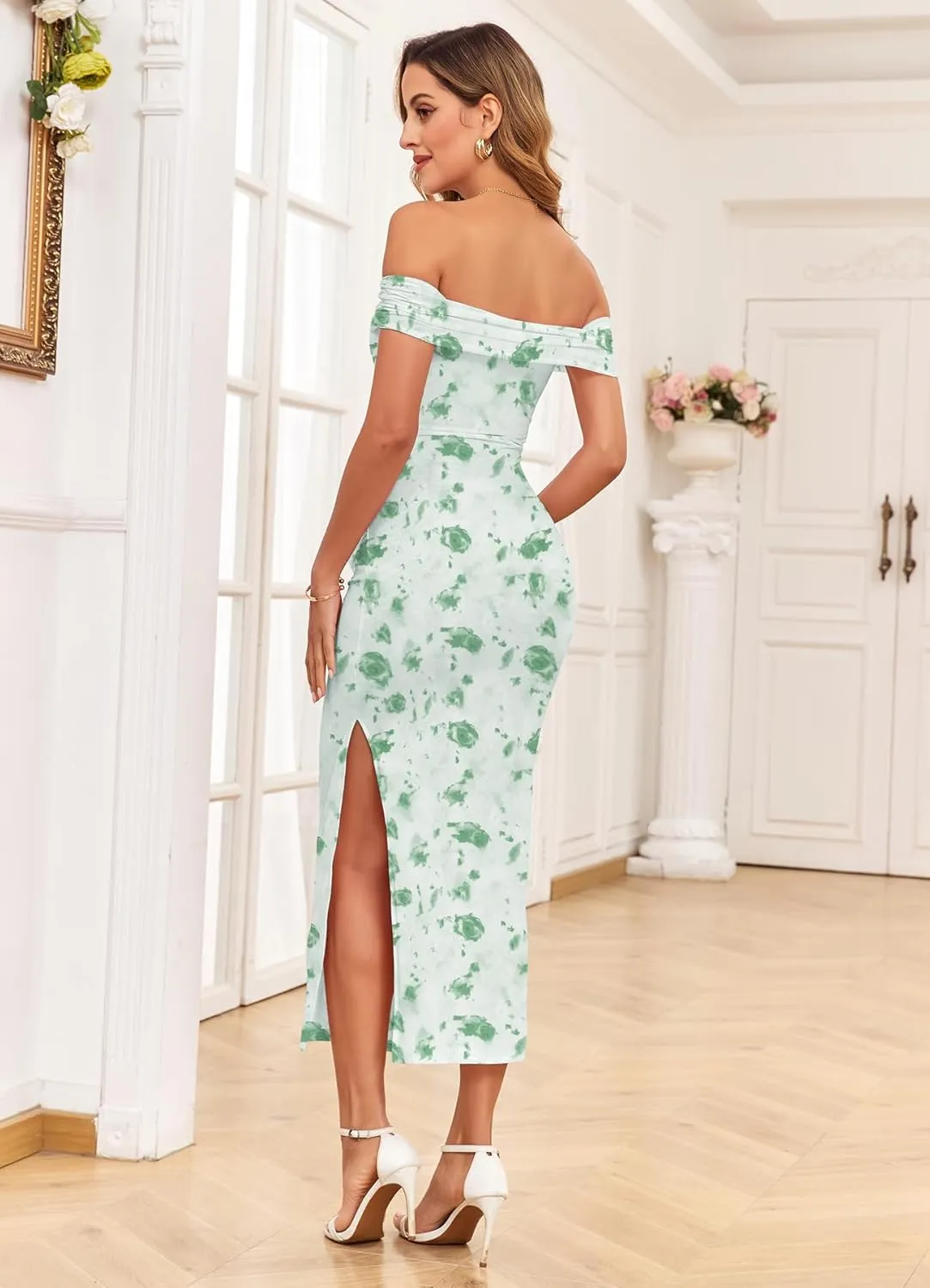 Maternity Mesh Split Dress Off The Shoulder Ruched Bodycon Pregnancy Dresses Baby Shower Photoshoot, Without Belt