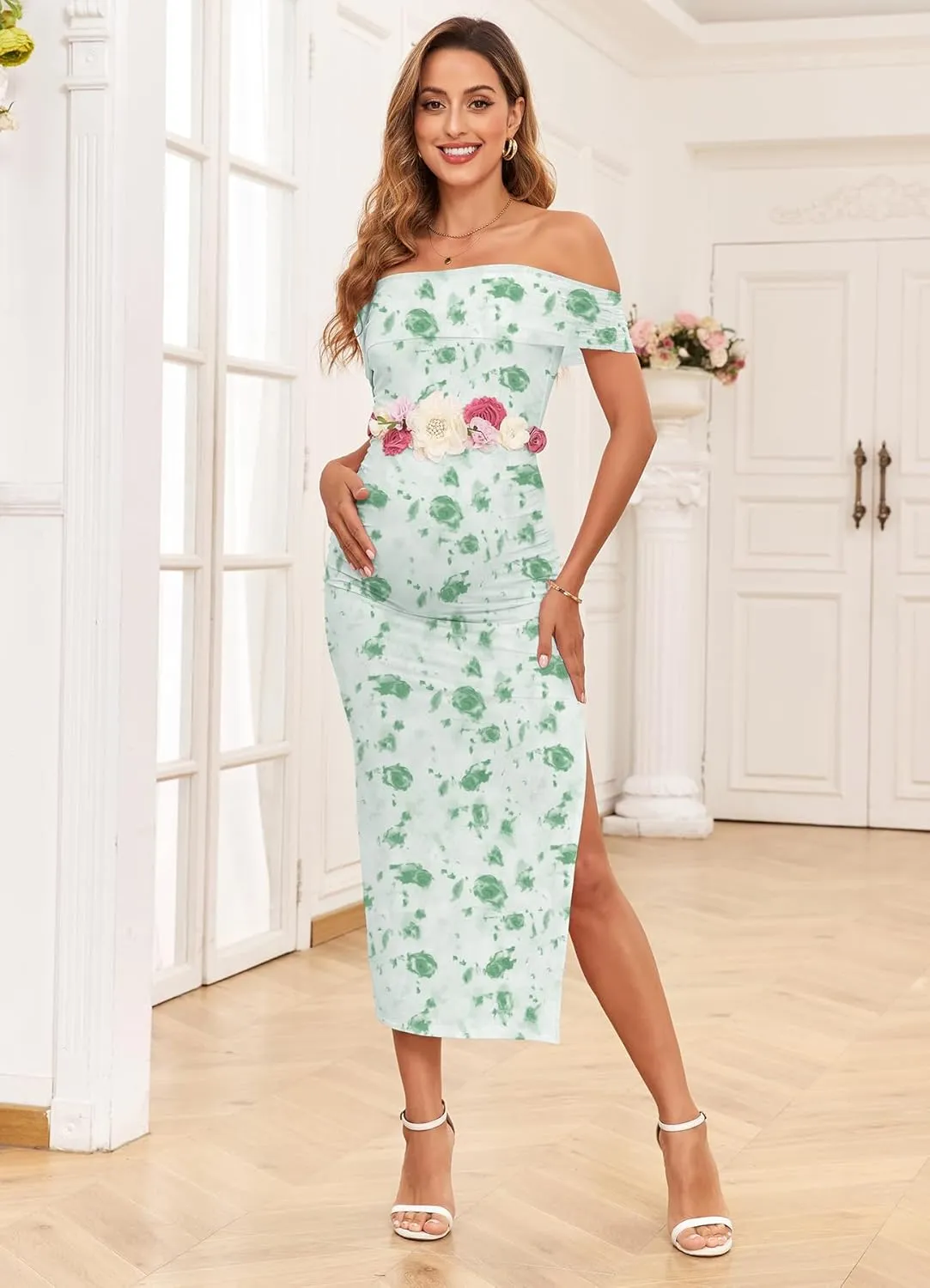 Maternity Mesh Split Dress Off The Shoulder Ruched Bodycon Pregnancy Dresses Baby Shower Photoshoot, Without Belt