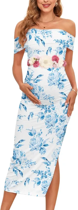 Maternity Mesh Split Dress Off The Shoulder Ruched Bodycon Pregnancy Dresses Baby Shower Photoshoot, Without Belt