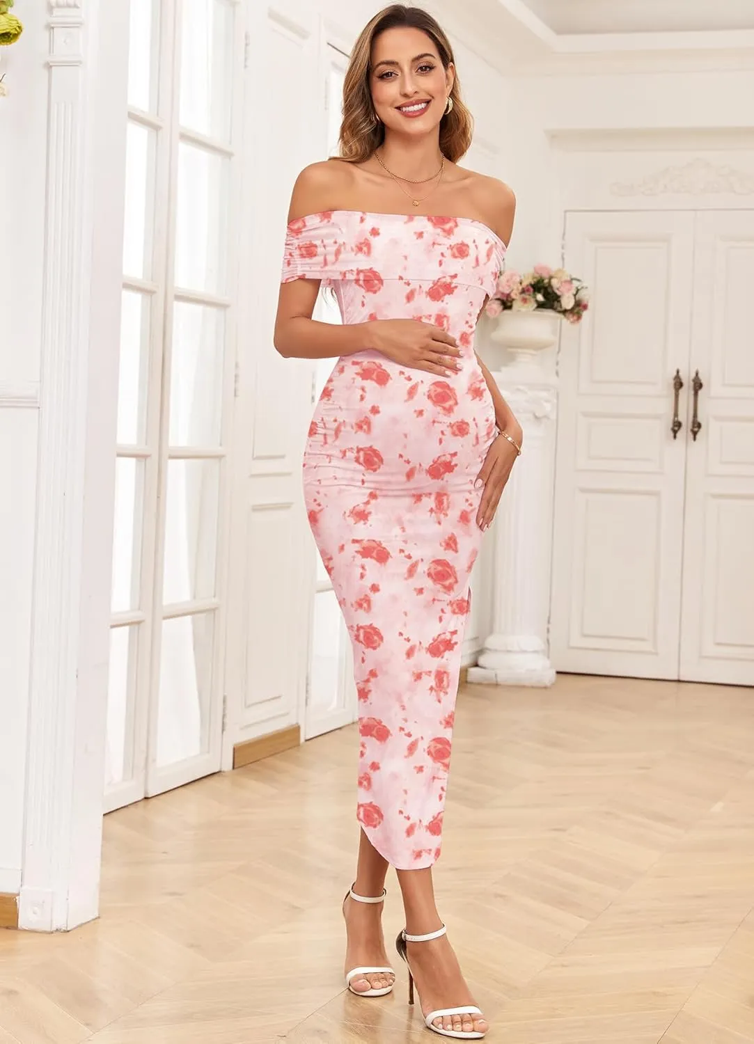 Maternity Mesh Split Dress Off The Shoulder Ruched Bodycon Pregnancy Dresses Baby Shower Photoshoot, Without Belt