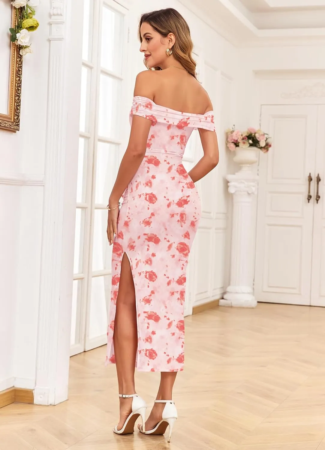 Maternity Mesh Split Dress Off The Shoulder Ruched Bodycon Pregnancy Dresses Baby Shower Photoshoot, Without Belt