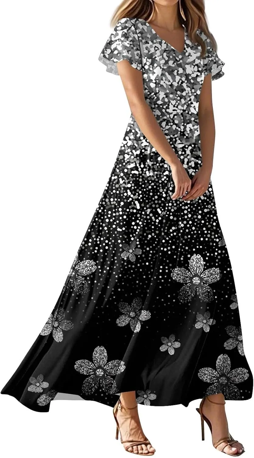 Maxi Dresses for Women,2025 Summer Elegant V Neck Short Sleeve Floral Beach Dress,Flowy Ruched Boho Vacation Dress