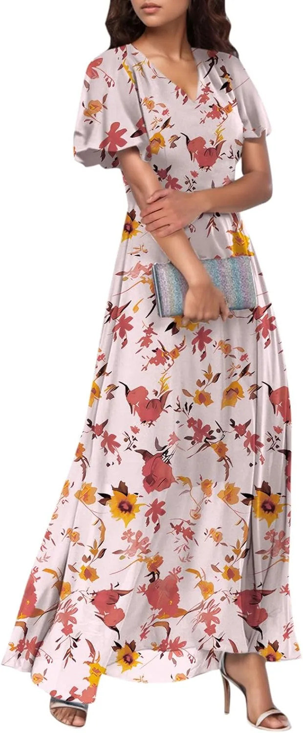Maxi Dresses for Women,2025 Summer Trendy Floral Boho Dress,Casual V Neck Short Sleeve Chiffon Flowy Beach Dress