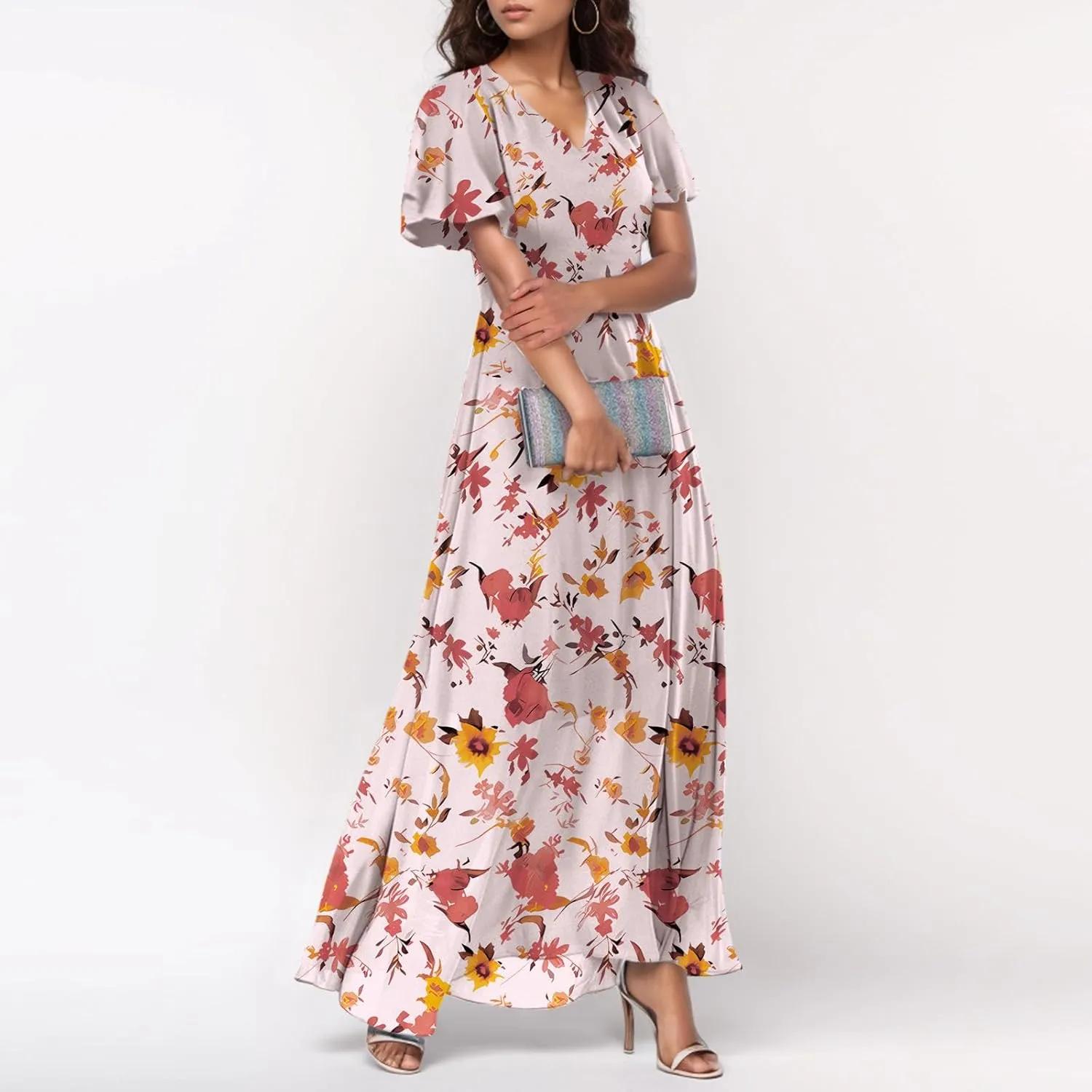 Maxi Dresses for Women,2025 Summer Trendy Floral Boho Dress,Casual V Neck Short Sleeve Chiffon Flowy Beach Dress