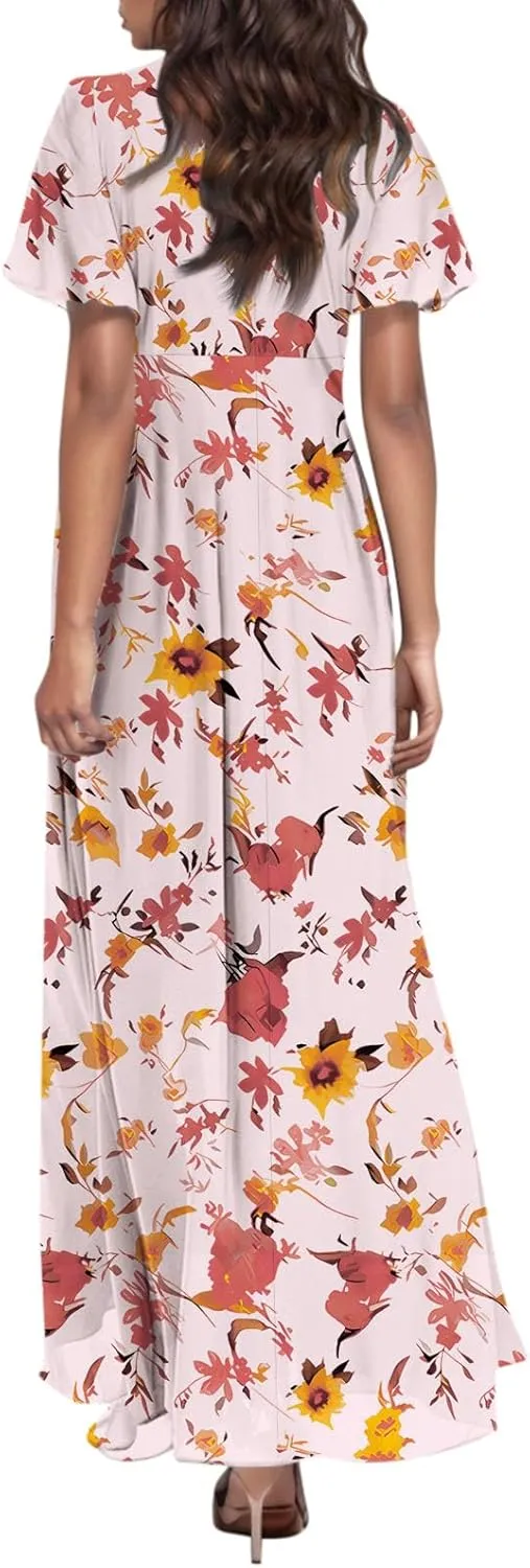 Maxi Dresses for Women,2025 Summer Trendy Floral Boho Dress,Casual V Neck Short Sleeve Chiffon Flowy Beach Dress