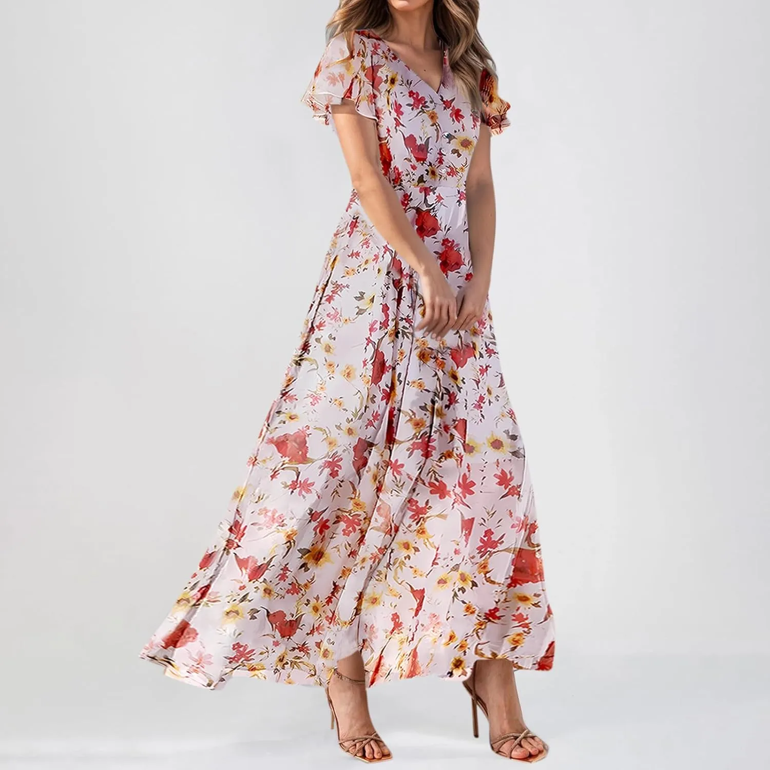 Maxi Dresses for Women,2025 Summer Trendy Floral Boho Dress,Casual V Neck Short Sleeve Chiffon Flowy Beach Dress