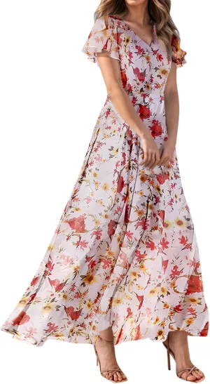 Maxi Dresses for Women,2025 Summer Trendy Floral Boho Dress,Casual V Neck Short Sleeve Chiffon Flowy Beach Dress