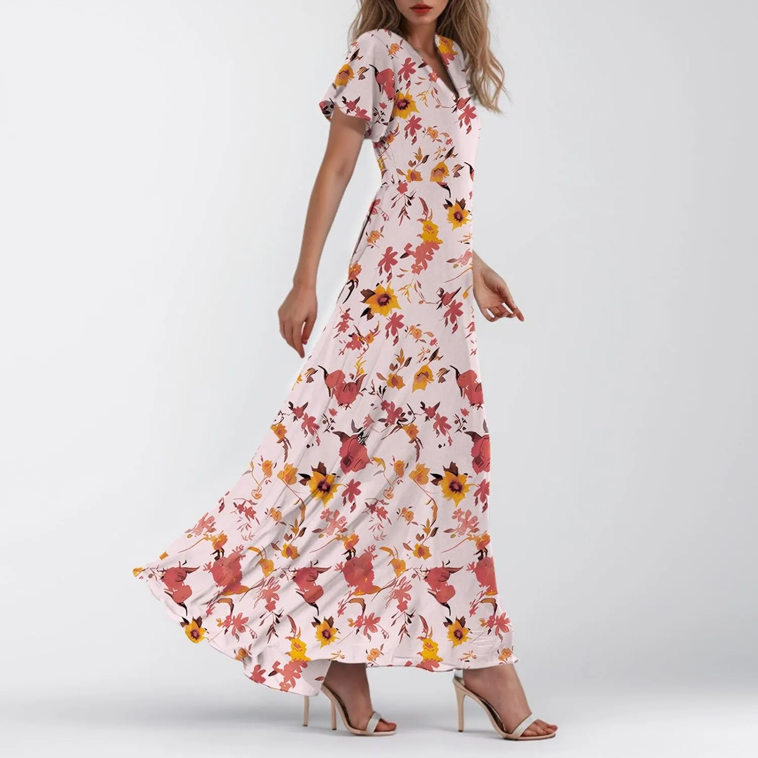 Maxi Dresses for Women,2025 Summer Trendy Floral Boho Dress,Casual V Neck Short Sleeve Chiffon Flowy Beach Dress