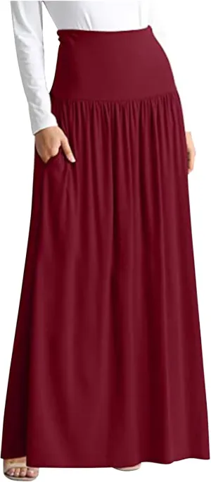 Maxi Skirts for Women, High Waisted Smocked Pleated Long Skirt with Pocket Plus Size Stretch Flowy Shirring Skirt S-4XL
