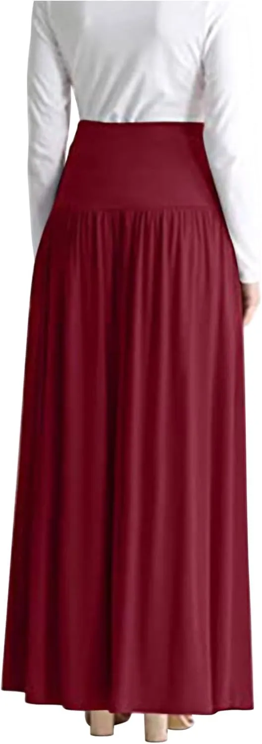 Maxi Skirts for Women, High Waisted Smocked Pleated Long Skirt with Pocket Plus Size Stretch Flowy Shirring Skirt S-4XL
