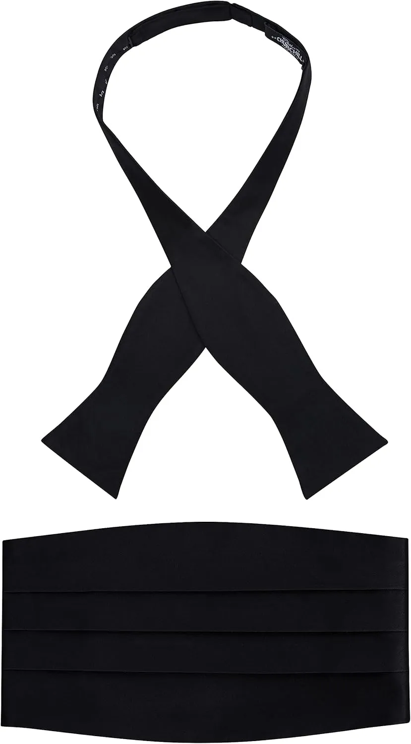 Men's Adjustable Satin Cummerbund and Self-Tie Satin Bow Tie Set (Black)