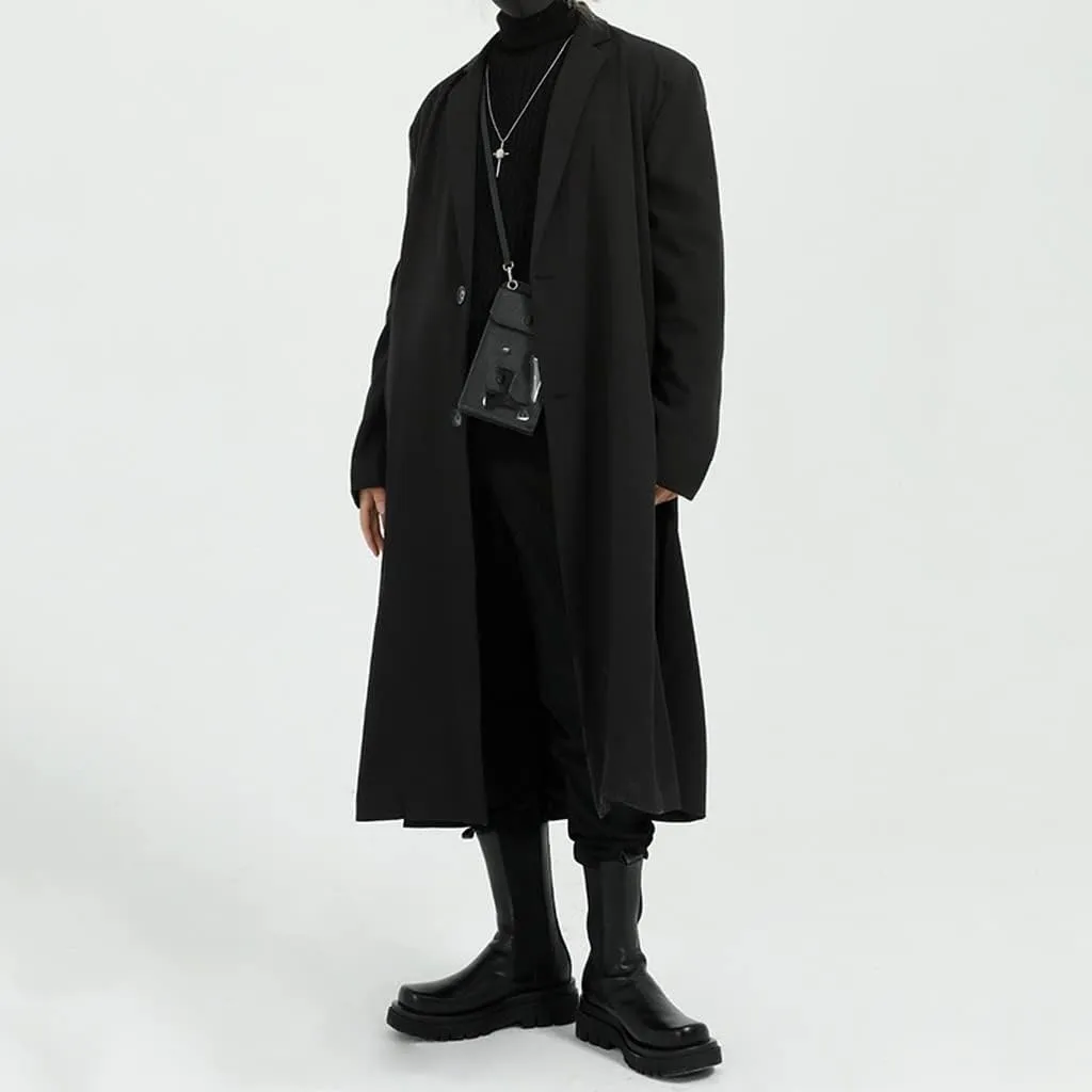 Men's Clothing Single Breasted Two Button Mid Length Windbreaker Loose Long Coat Vintage Loose Casual Split Trench