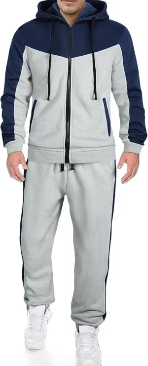 Men's Color Blocked Hoodie Long Sleeve 2 Piece Set Loose Casual Adjustable Hoodie Loose Pants Sports Set