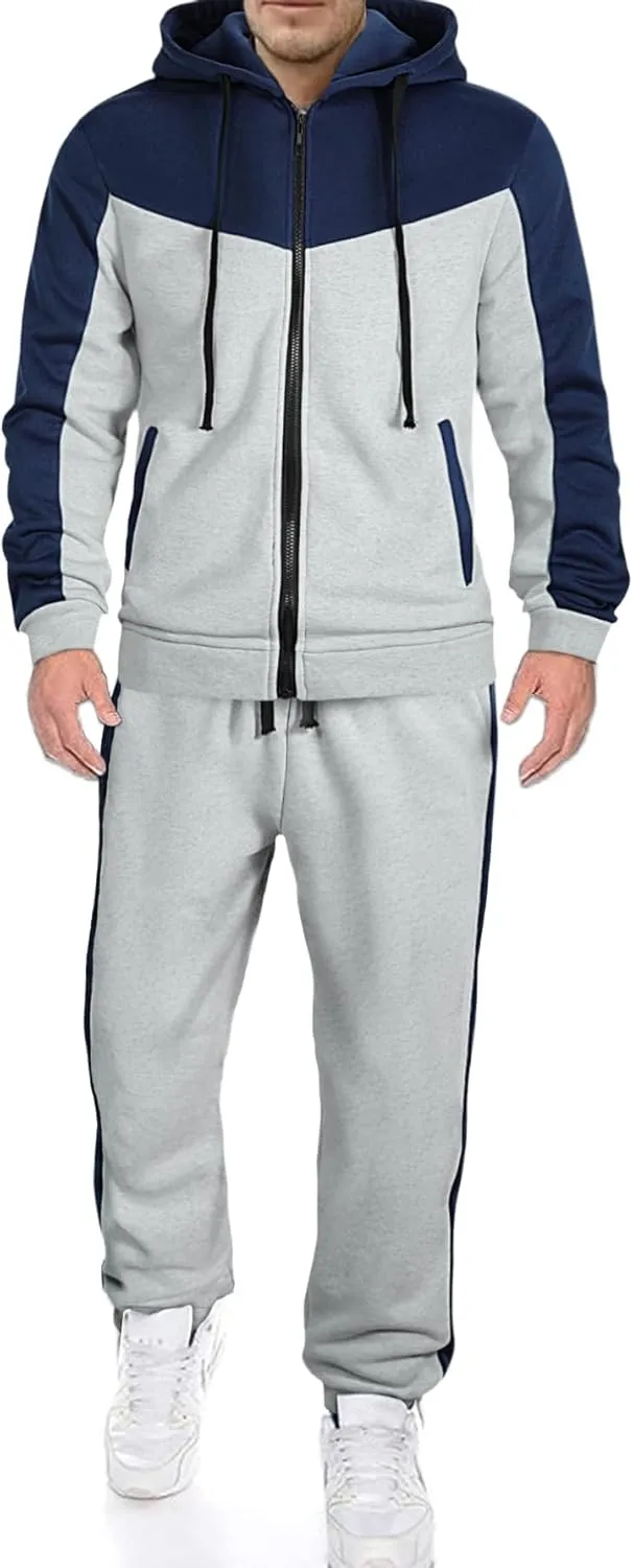 Men's Color Blocked Hoodie Long Sleeve 2 Piece Set Loose Casual Adjustable Hoodie Loose Pants Sports Set