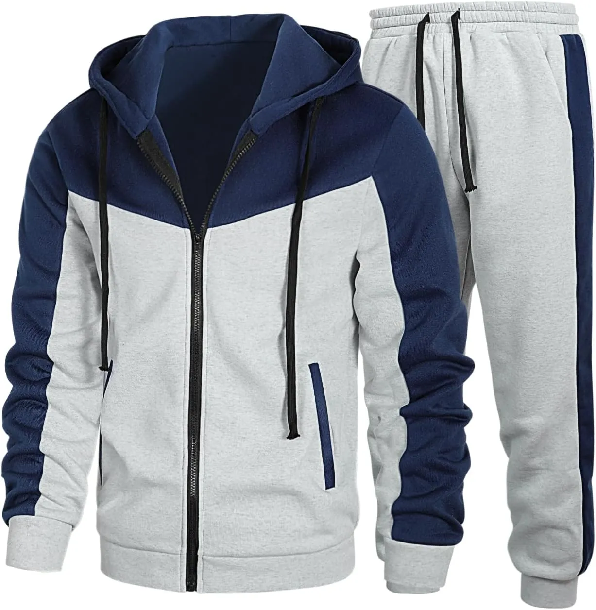 Men's Color Blocked Hoodie Long Sleeve 2 Piece Set Loose Casual Adjustable Hoodie Loose Pants Sports Set