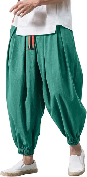 Men's Cotton Linen Harem Pants Loose Stretchy Waist Casual Hippie Trousers Lightweight Loose Beach Yoga Pants