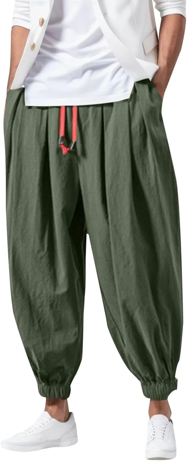 Men's Cotton Linen Harem Pants Loose Stretchy Waist Casual Hippie Trousers Lightweight Loose Beach Yoga Pants
