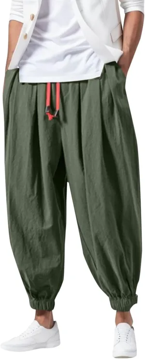 Men's Cotton Linen Harem Pants Loose Stretchy Waist Casual Hippie Trousers Lightweight Loose Beach Yoga Pants