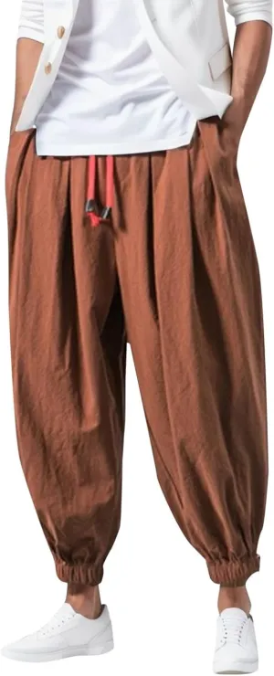 Men's Cotton Linen Harem Pants Loose Stretchy Waist Casual Hippie Trousers Lightweight Loose Beach Yoga Pants