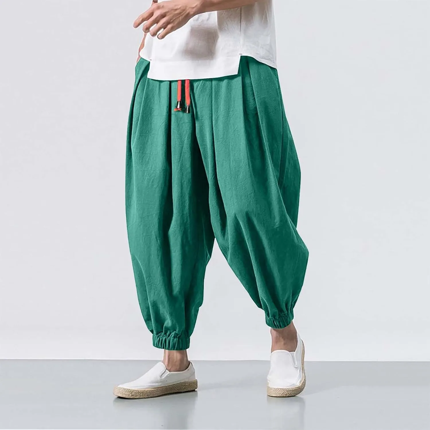 Men's Cotton Linen Harem Pants Loose Stretchy Waist Casual Hippie Trousers Lightweight Loose Beach Yoga Pants