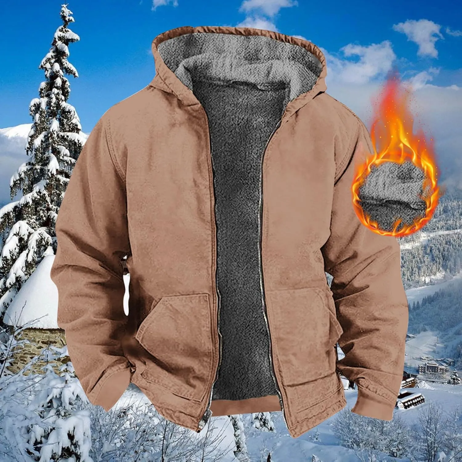 Men's Hooded Jacket Fleece Lined Zip up Warm Hoodies Sweatshirt Winter Fashion Casual Solid Hooded Coat with Pockets