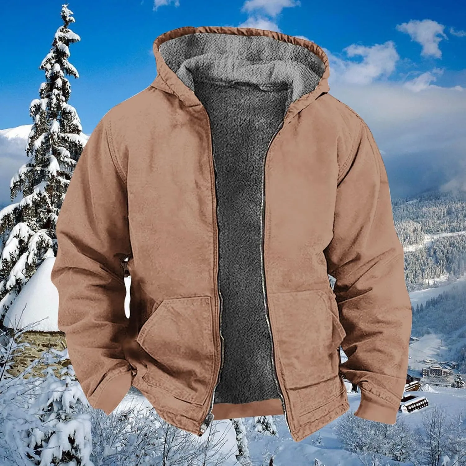 Men's Hooded Jacket Fleece Lined Zip up Warm Hoodies Sweatshirt Winter Fashion Casual Solid Hooded Coat with Pockets