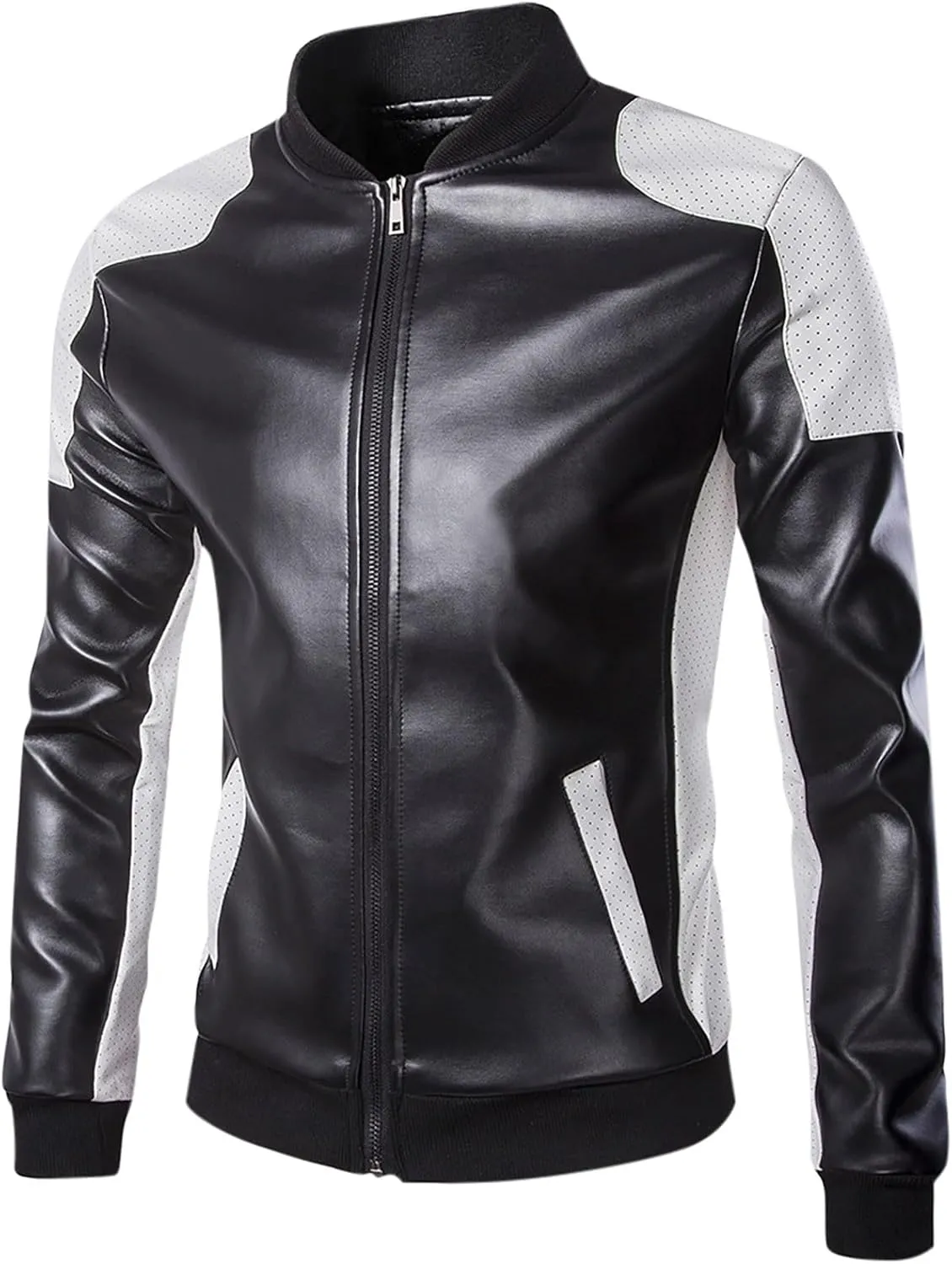 Mens Motorcycle PU Leather Jackets Stand Collar Biker Windbreaker Zip-up Slim Fit Outwear Fall Winter Patchwork Coats