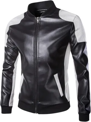 Mens Motorcycle PU Leather Jackets Stand Collar Biker Windbreaker Zip-up Slim Fit Outwear Fall Winter Patchwork Coats