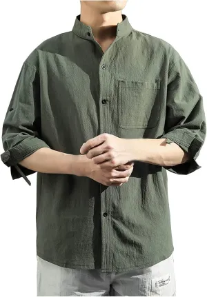 Mens Shirts,3/4 Sleeve Cotton Linen Shirts Japanese Style Casual Stand Collar Button Down T Shirts Pocket Tops