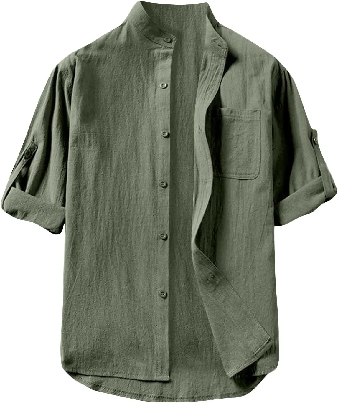 Mens Shirts,3/4 Sleeve Cotton Linen Shirts Japanese Style Casual Stand Collar Button Down T Shirts Pocket Tops